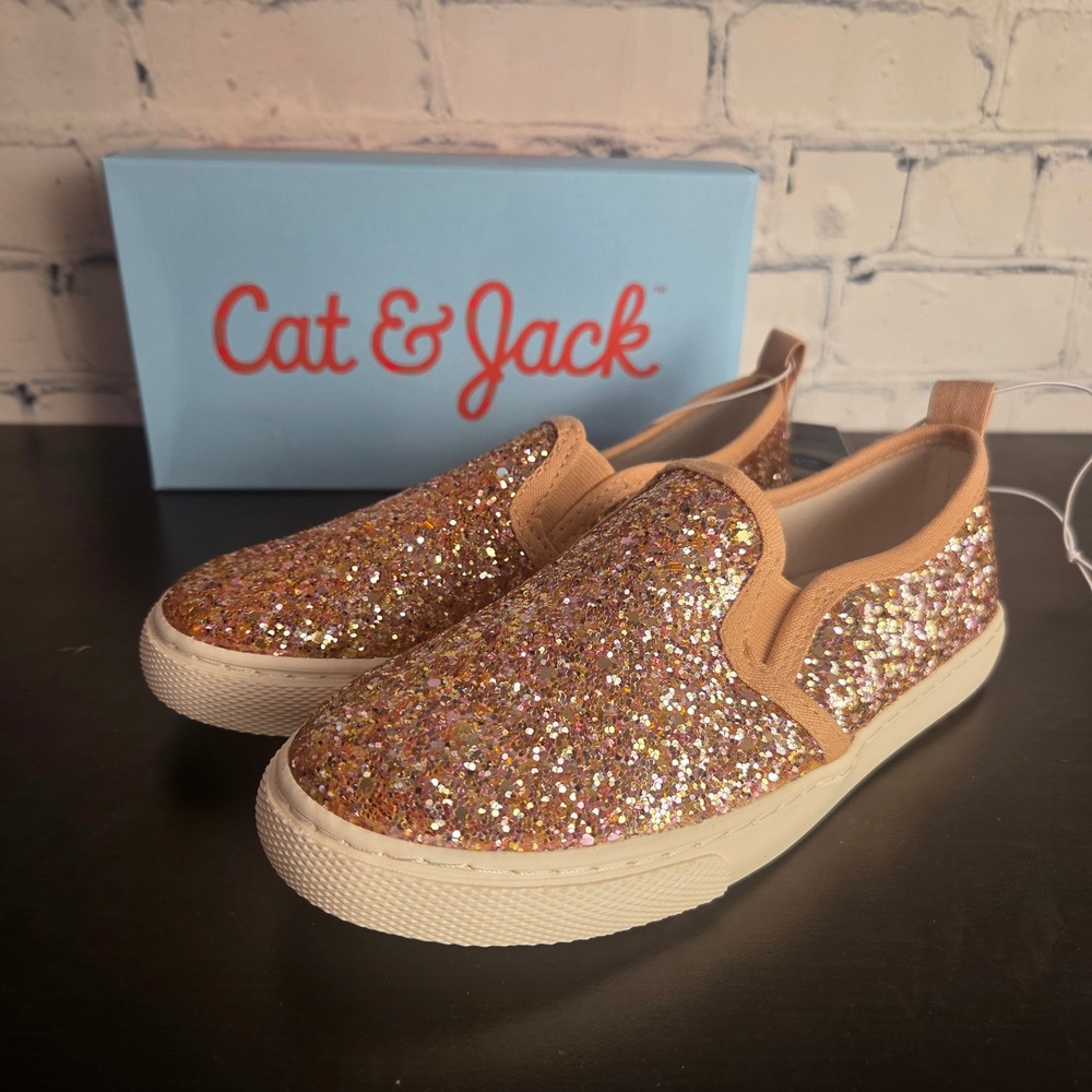 Cat & Jack Madigan Gold Glitter Slip On Sneakers Kids Size 12 Rose Gold Sparkle